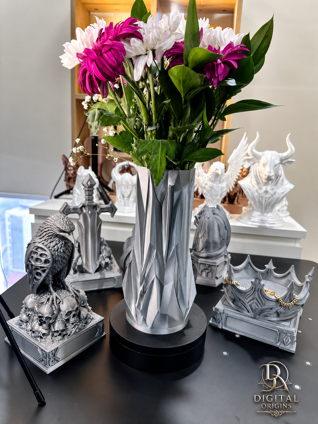 Silver Spire Vase – Modern Geometric Flower Vase, Sculptural Home Decor