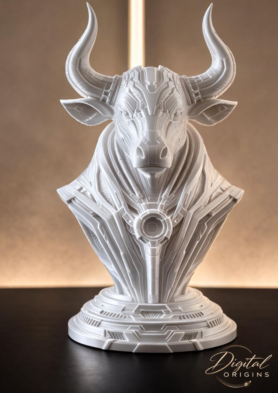 Cybernetic Taurus Bust – Futuristic Zodiac Sculpture –  Astrology Gift