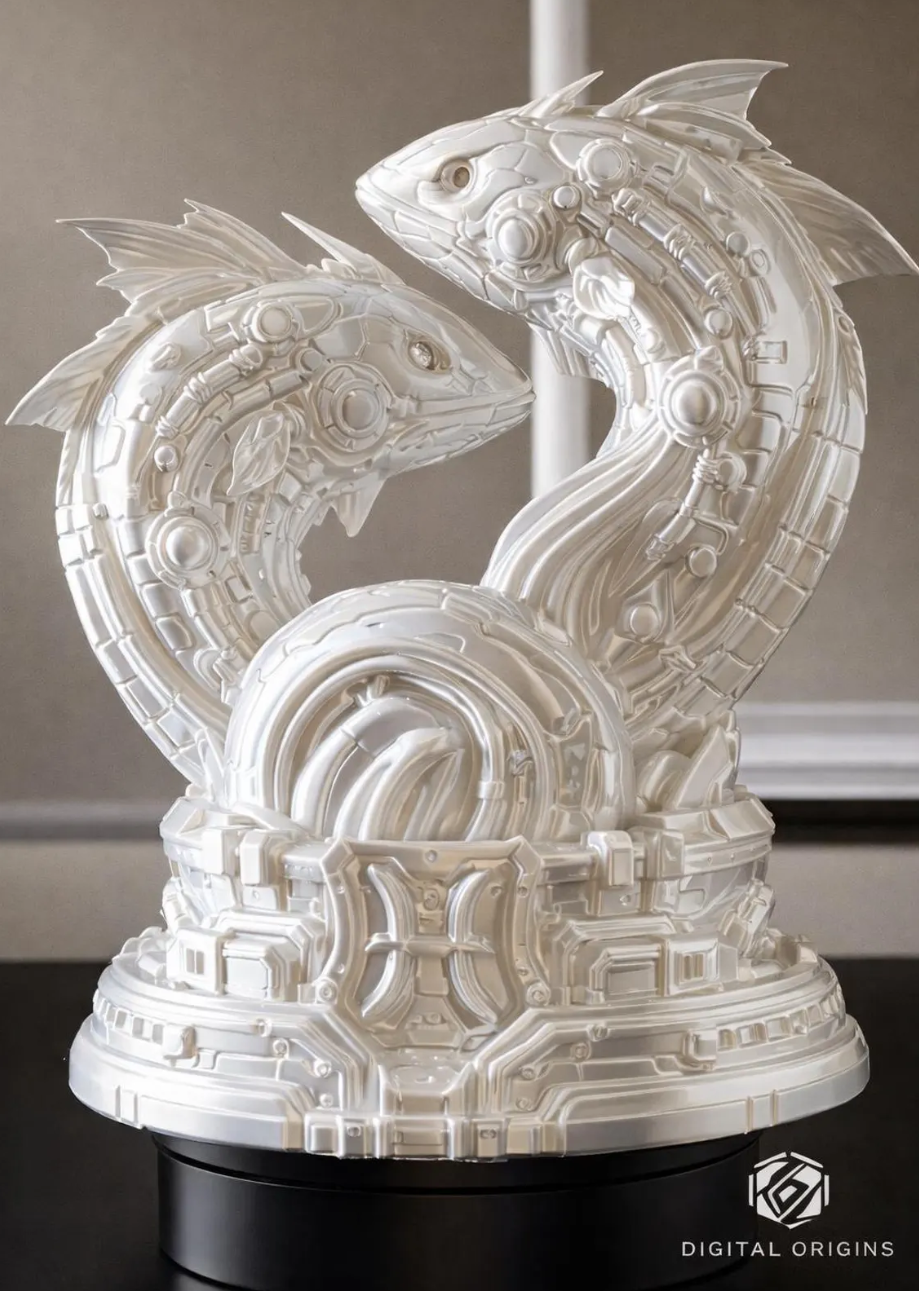 Pisces Sculpture, Futuristic Zodiac Fish Statue, Astrology Sign Art, Horoscope Gift, Sci-Fi Home Display