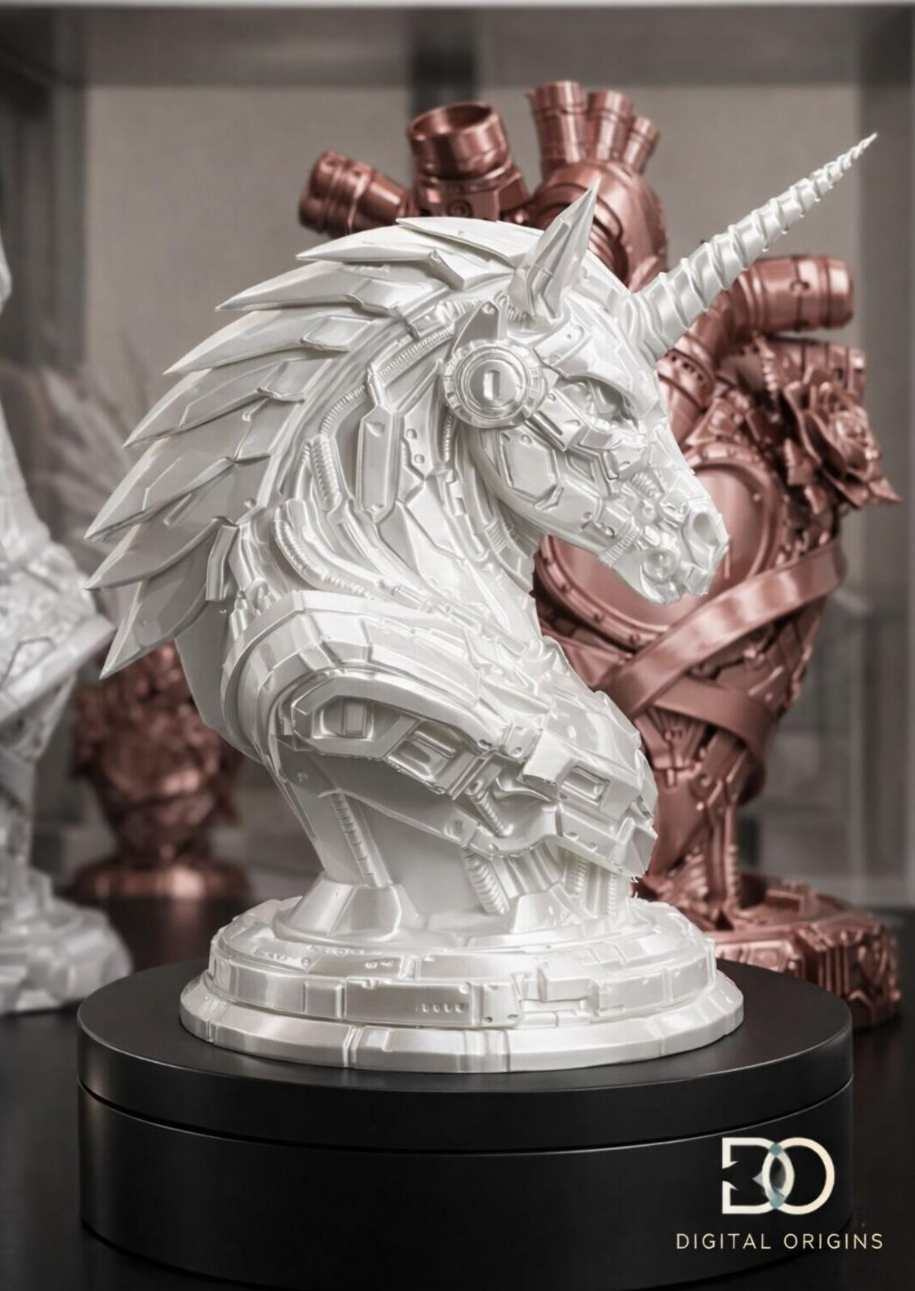 Futuristic Mech Unicorn Bust – Sci-Fi Unicorn Sculpture, Cyberpunk Desk Decor