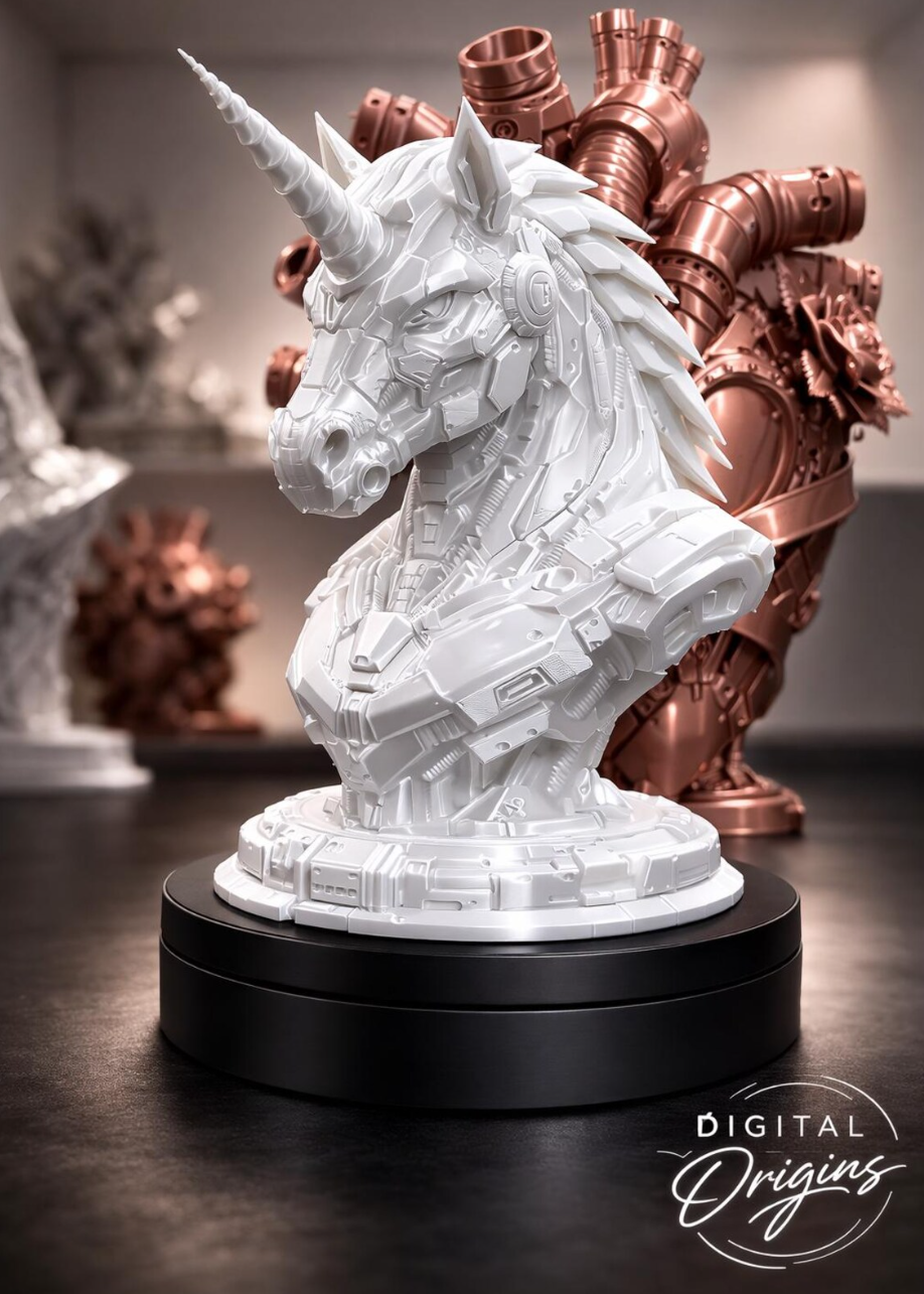 Futuristic Mech Unicorn Bust – Sci-Fi Unicorn Sculpture, Cyberpunk Desk Decor