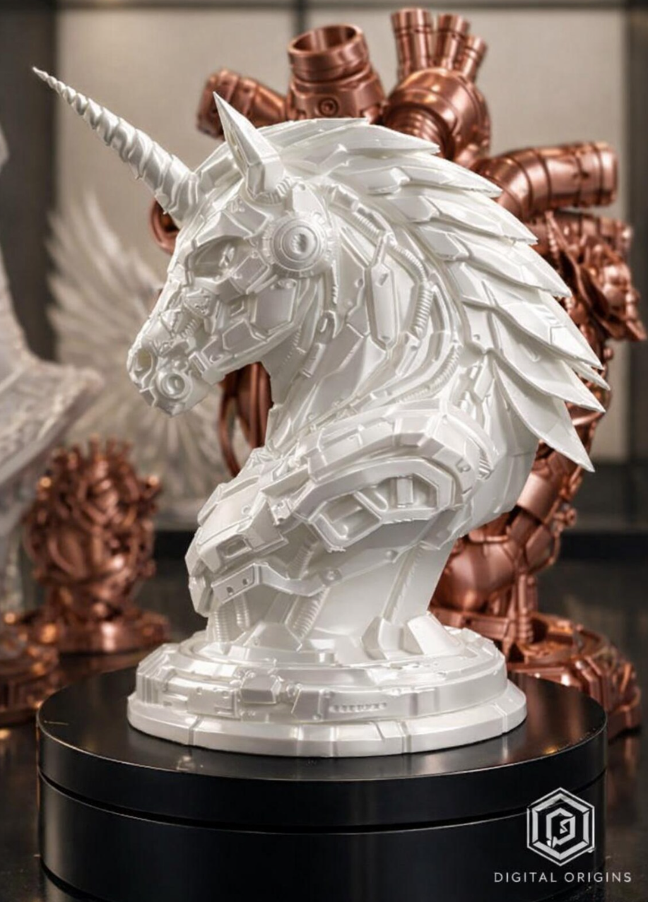 Futuristic Mech Unicorn Bust – Sci-Fi Unicorn Sculpture, Cyberpunk Desk Decor