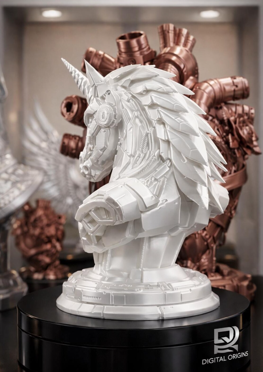 Futuristic Mech Unicorn Bust – Sci-Fi Unicorn Sculpture, Cyberpunk Desk Decor