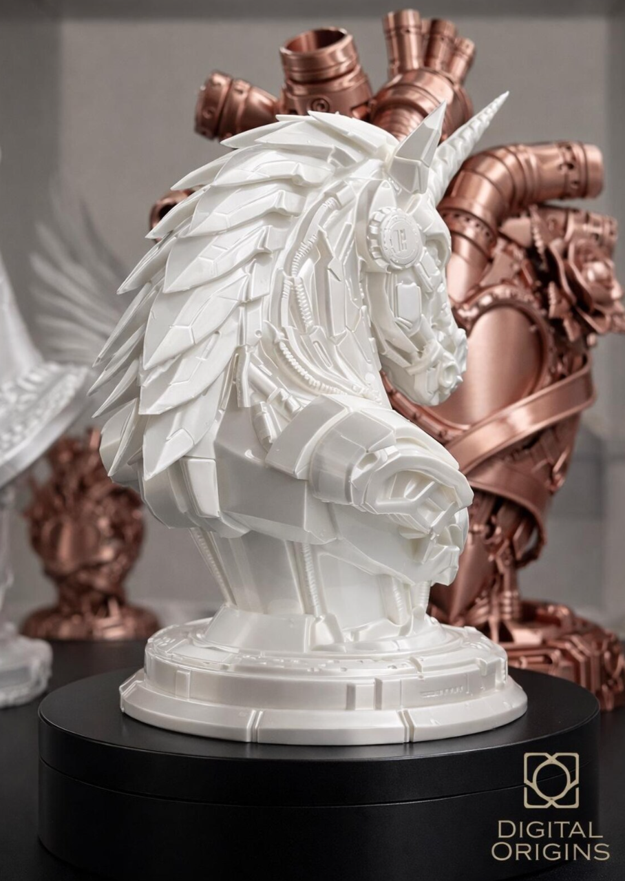 Futuristic Mech Unicorn Bust – Sci-Fi Unicorn Sculpture, Cyberpunk Desk Decor